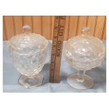 Fostoria American Clear (stem 2056) Cubist Pattern Hex Footded candy dish and round footed Candy Dish with lids