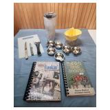 Kitchen items - egg pouching cups, citrus juicer, cook books, utensils and more