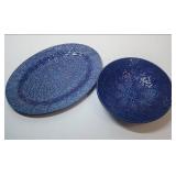 Cobalt Blue Embossed Floral Serving Dishes - Salad Bowl and Oval Platter