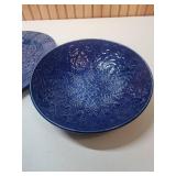 Cobalt Blue Embossed Floral Serving Dishes - Salad Bowl and Oval Platter