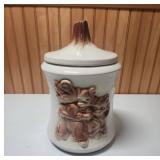 White Ceramic Cookie Jar with Brown Relief Pattern  - Bush K2 USA