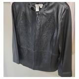 Coldwater Creek Embroidered Leather Jacket Sz L - minor leather wear along zipper on front