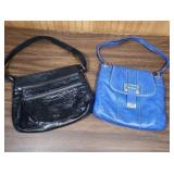 2 Womens Leather handbags - blue Liz Claiborne, Black from The Sak (missing the pull on the top zipper on The Sak purse - pull is inside the bag), both fairly clean inside