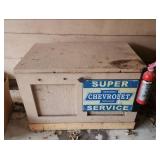 Wood storage Bench with Chevrolet Super Service Metal Sign and Chevrolet Logo Drawer Pull  36.5" W x 22.5"D x 25"H. Has mounted fire extinguisher, shelf/trays inside