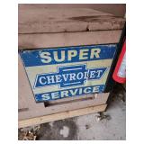 Wood storage Bench with Chevrolet Super Service Metal Sign and Chevrolet Logo Drawer Pull  36.5" W x 22.5"D x 25"H. Has mounted fire extinguisher, shelf/trays inside
