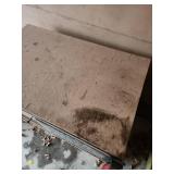 Wood storage Bench with Chevrolet Super Service Metal Sign and Chevrolet Logo Drawer Pull  36.5" W x 22.5"D x 25"H. Has mounted fire extinguisher, shelf/trays inside