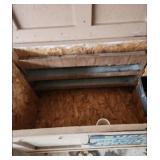 Wood storage Bench with Chevrolet Super Service Metal Sign and Chevrolet Logo Drawer Pull  36.5" W x 22.5"D x 25"H. Has mounted fire extinguisher, shelf/trays inside