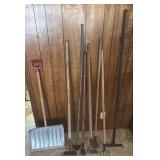 Garden Tool Collection with Aluminum Snow Shovel - some have heavy patina