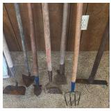 Garden Tool Collection with Aluminum Snow Shovel - some have heavy patina