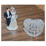 Heart Shaped Glass Trinket Dish/Jewelry Box and a vintage Ceramic Wedding Cake Topper