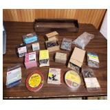 Hardware Supply Lot - Screws, Nails, Tin Caps & Tape Collection in a metal carpenters tool box
