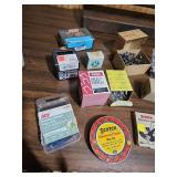 Hardware Supply Lot - Screws, Nails, Tin Caps & Tape Collection in a metal carpenters tool box