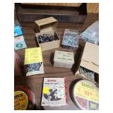 Hardware Supply Lot - Screws, Nails, Tin Caps & Tape Collection in a metal carpenters tool box