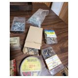 Hardware Supply Lot - Screws, Nails, Tin Caps & Tape Collection in a metal carpenters tool box