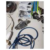 Plumbing, Electrical and general maintenance home improvement lot - including jar of large bolts, lightweight chain, casters, light switches, plumbing attachments and more