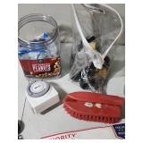 Plumbing, Electrical and general maintenance home improvement lot - including jar of large bolts, lightweight chain, casters, light switches, plumbing attachments and more