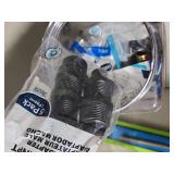 Plumbing, Electrical and general maintenance home improvement lot - including jar of large bolts, lightweight chain, casters, light switches, plumbing attachments and more