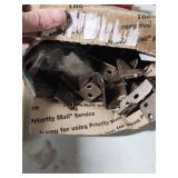 Plumbing, Electrical and general maintenance home improvement lot - including jar of large bolts, lightweight chain, casters, light switches, plumbing attachments and more