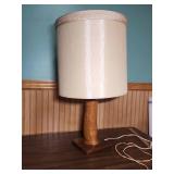 Mid-Century Modern Wood Table Lamp with beige shade with chevron frabic trim at top.  Tested, works