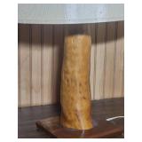 Mid-Century Modern Wood Table Lamp with beige shade with chevron frabic trim at top.  Tested, works