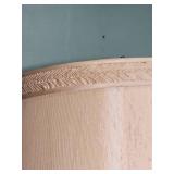 Mid-Century Modern Wood Table Lamp with beige shade with chevron frabic trim at top.  Tested, works