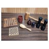 Vintage Wooden Games and Trinkets - wooden gavel, maraca (no sound), paper weights, and other desk trinkets. Includes Ceramic Mayan head cup.