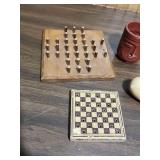 Vintage Wooden Games and Trinkets - wooden gavel, maraca (no sound), paper weights, and other desk trinkets. Includes Ceramic Mayan head cup.