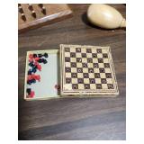 Vintage Wooden Games and Trinkets - wooden gavel, maraca (no sound), paper weights, and other desk trinkets. Includes Ceramic Mayan head cup.