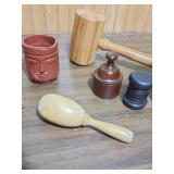 Vintage Wooden Games and Trinkets - wooden gavel, maraca (no sound), paper weights, and other desk trinkets. Includes Ceramic Mayan head cup.