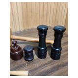 Vintage Wooden Games and Trinkets - wooden gavel, maraca (no sound), paper weights, and other desk trinkets. Includes Ceramic Mayan head cup.