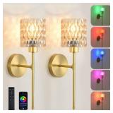 Gold Battery Operated Wall Sconces Set of 2,Wireless Wall Lamp with Remote Control & Glass lampshape,Vintage Rechargeable Battery Powered Wall Sconce 12 Color Wall Lights for Bedroom Living Room