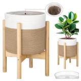 Sunnychicc Plant Basket with Stand Indoor Planter Pot Holder Sturdy Jute Rope Modern Woven Basket, Cotton Rope Woven Pot with Bamboo Stand(White and Yellow,10 Inch)