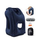JefDiee Inflatable Travel Pillow, Airplane Neck Pillow Comfortably Supports Head and Chin for Airplanes, Trains, Cars and Office Napping with 3D Eye Mask, Earplugs and Portable Drawstring Bag (Blue)