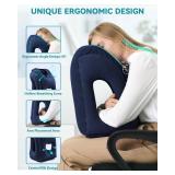 JefDiee Inflatable Travel Pillow, Airplane Neck Pillow Comfortably Supports Head and Chin for Airplanes, Trains, Cars and Office Napping with 3D Eye Mask, Earplugs and Portable Drawstring Bag (Blue)