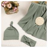 TANOFAR 4-Pack Newborn Swaddle Blanket for Baby Girls & Boys, Ultra Soft Receiving Blankets with Matching Headband and Beanie Set Baby Nursery Swaddle Wrap (Green)