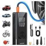 JUSUOX Tire Inflator Portable Air Compressor, 150PSI Cordless Air Pump for Car Tires, Battery & 12V DC Dual Power Electric Bike Tire Pump with Digital Pressure Gauge, LED Light, for Motorcycle, Ball
