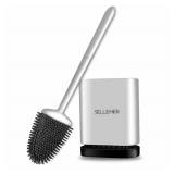 Sellemer Toilet Brush and Holder Set - Flexible Toilet Bowl Brush Head with Silicone Bristles, Compact Size for Storage and Organization, Ventilation Slots Base (1 Pack, Silver)