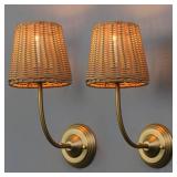 Yosoan Set of 2 Rattan Boho Wrapped Wall Sconce Light, Indoor Hardwired Gold Hand-Woven Farmhouse Vintage Wall Lamps, Brass Handmade Shade Wall Mount Fixture for Reading Bedside Bedroom(Antique) only 