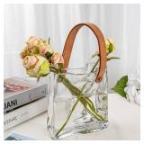 Glass Purse Vase for Flowers Clear Vases for Centerpieces Glass Bag Vase with Leather Handle Small Bag Vases for Decor Decorative Fish Bowl for Home Wedding Decor