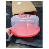 NVAZIOP 10Inch Cake Stand Carrier with Lid and Handle Storage Container Keeper Plastic Tall Transport Travel Cake Saver Holder with Cover Pie Bundt Round (Red)