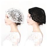 Giantree 2 Pcs Head Coverings for Women, Short Lace Veil, Catholic Church Head Covering Embroidery for Church Veil Headpiece Circle Round Floral Lace Mantilla Black White(Five Petals Flower)