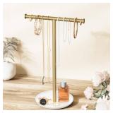 Jasopaco Gold Necklace Organizer Stand with Storage Tray - 12.6 Tall T-Shaped Jewelry Holder Stand for Bracelets, Earrings, Rings | Stylish Home & Vanity Decor for Women. MISSING SCREW