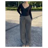 PINSPARK Straight Leg pants for Women Wide Leg Pants High Waisted Casual Pants  with Two Side Pockets Heather Grey 33W x 34L