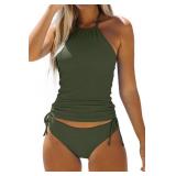Beachsissi Women Bathing Suit Solid Color Drawstring Side Tankini Set Medium