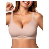 OEAK Womens Wireless Bras Scalloped Push Up Bralettes No Underwire Supportive Tshirt Bra Seamless Comfortable Everyday Bras L Nude