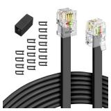moeverEX Phone Extension Cord 25 Ft, Telephone Cable with Standard RJ11 Plug and 1 in-Line Couplers and 20 Cable Clip Holders, Black