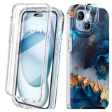 Diaclara Designed for iPhone 15 Plus Case 6.7 Inch, Full Body Rugged Case with Built-in Touch Sensitive Anti-Scratch Screen Protector + Glass Camera Lens Protector for iPhone 15 Plus,Water Blue