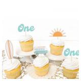 The Big One Cupcake Toppers - Retro Surfer Theme First Birthday Decor Set of 12pcs,Ocean Themed Cupcake Tops Surf Board Sun Retro Van Big One,1st Birthday Party Decorations,Photo Props for Summer