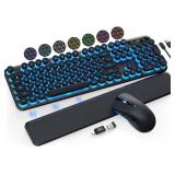 Wireless Keyboard and Mouse Backlit - Typewriter Keyboard with Magnetic Wrist Rest, Retro Round Keycaps, Light Up Letters, 2.4GHz Cordless Combo for Mac, Windows, PC, Laptop, Trueque [Upgraded]
