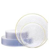 Hioasis 60pcs Clear Plastic Plates - Gold Rimmed Disposable, Hammered, Heavy-duty Dinnerware Set Suitable for 30 Guests, 10.25 Dinner & 7.5 Dessert Plates for Party & Wedding